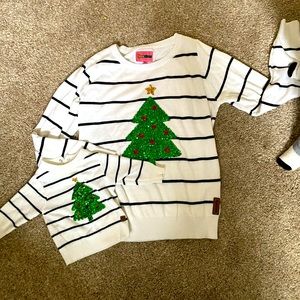 White striped Christmas tree sweater from tipsy elves